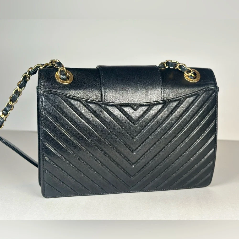 Authentic CHANEL Black Collar Tie Chevron Quilted Leather Shoulder Bag with Gold